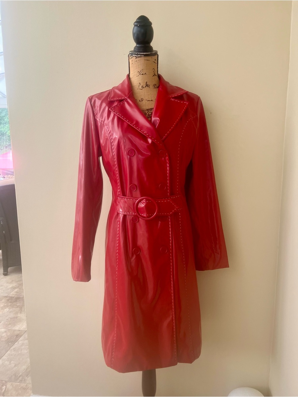 Maria Dionisiou Vintage Red Double-Breasted Faux Leather Trench Coat